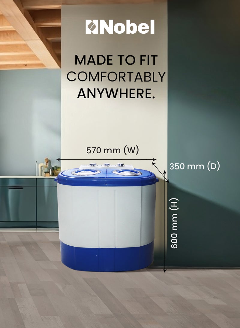 Nobel - 3/1 KG Compact Washing Machine with 3KG Washing and 1 KG Spin Capacity, 3 Knobs Control for Washing and Spinning, Durable High-Quality Plastic Body, IPX4 Rating, 60W Wash Power, 25W Spin Power, Energy Efficient 2.5 kg NWM300 White - Image 1