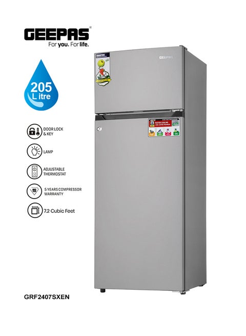 Double Door Defrost Refrigerator, Capacity 205 L (7.2 Cu. Ft)  Adjustable Thermostat/Tempered Glass Shelves/Faster Cooling/Door Lock & Key 238 kW GRF2407SXEN Silver