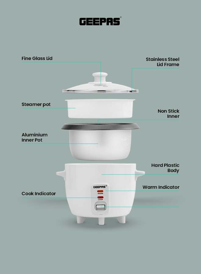GEEPAS - Multifunctional Rice Cooker With Non-Stick Inner Pot With Cool Touch Handle/Includes Cook And Keep Warm Functions, Equipped With Tempered Glass Lid, Rice Spoon, Plastic Inner Steamer And Measuring Cup 0.6 L 300 W GRC1828H White - Image 1