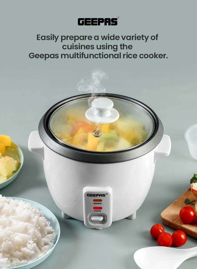 GEEPAS - Multifunctional Rice Cooker With Non-Stick Inner Pot With Cool Touch Handle/Includes Cook And Keep Warm Functions, Equipped With Tempered Glass Lid, Rice Spoon, Plastic Inner Steamer And Measuring Cup 0.6 L 300 W GRC1828H White - Image 1