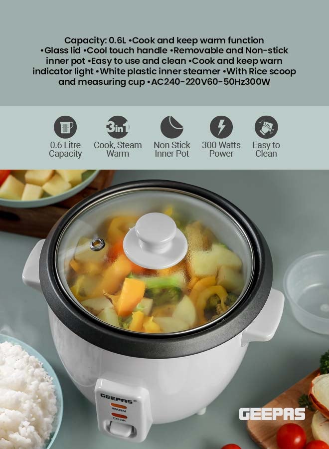 GEEPAS - Multifunctional Rice Cooker With Non-Stick Inner Pot With Cool Touch Handle/Includes Cook And Keep Warm Functions, Equipped With Tempered Glass Lid, Rice Spoon, Plastic Inner Steamer And Measuring Cup 0.6 L 300 W GRC1828H White - Image 1