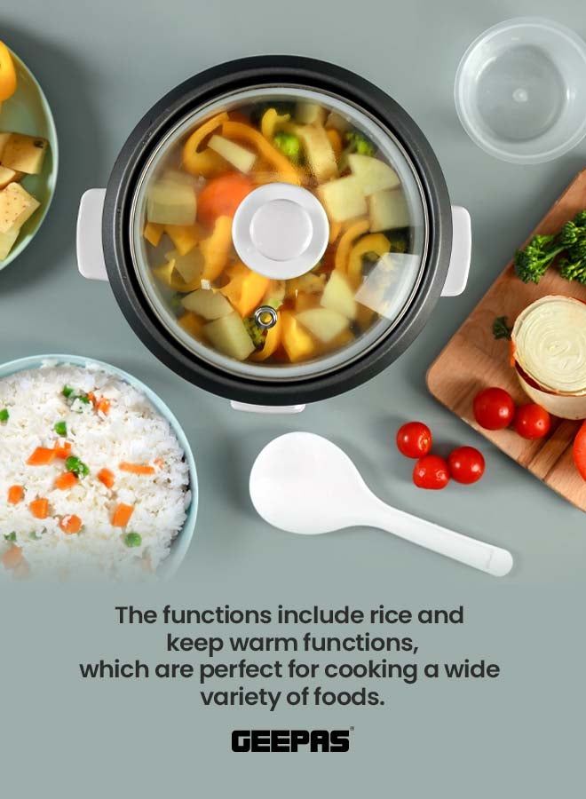 GEEPAS - Multifunctional Rice Cooker With Non-Stick Inner Pot With Cool Touch Handle/Includes Cook And Keep Warm Functions, Equipped With Tempered Glass Lid, Rice Spoon, Plastic Inner Steamer And Measuring Cup 0.6 L 300 W GRC1828H White - Image 1