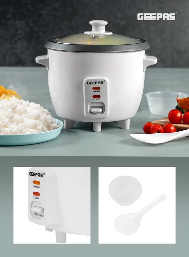 GEEPAS - Multifunctional Rice Cooker With Non-Stick Inner Pot With Cool Touch Handle/Includes Cook And Keep Warm Functions, Equipped With Tempered Glass Lid, Rice Spoon, Plastic Inner Steamer And Measuring Cup 0.6 L 300 W GRC1828H White - Image 1