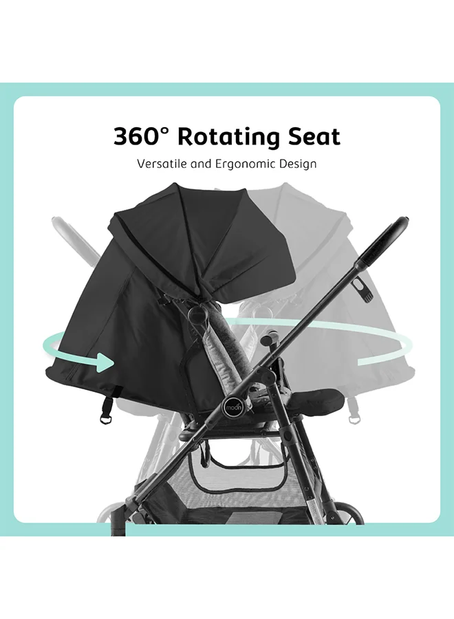 Moon Revo 360° Rotating Baby Stroller – Foldable Pushchair with Storage Basket, Lightweight, Compact, Suitable Newborns And Toddlers – Black