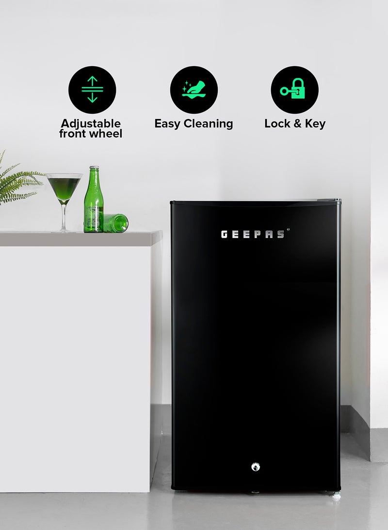 GEEPAS 120L Gross/92L Net Capacity, Single Door Mini Defrost Refrigerator With Retro Premium Design, Bottle Opener, Glass Shelves, Transparent Door Basket, Lock & Key, Low Noise, Low Voltage, Adjustable Front Wheel 120 L GRF1212BXE Black  - Image 4