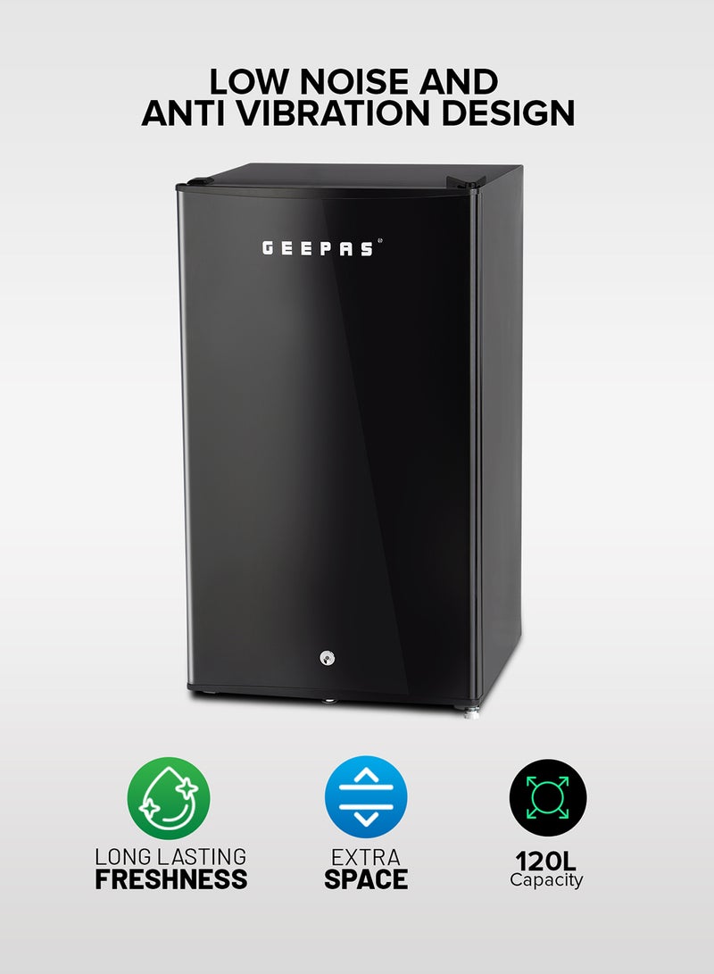 120L Gross/92L Net Capacity, Single Door Mini Defrost Refrigerator With Retro Premium Design, Bottle Opener, Glass Shelves, Transparent Door Basket, Lock & Key, Low Noise, Low Voltage, Adjustable Front Wheel 120 L GRF1212BXE Black