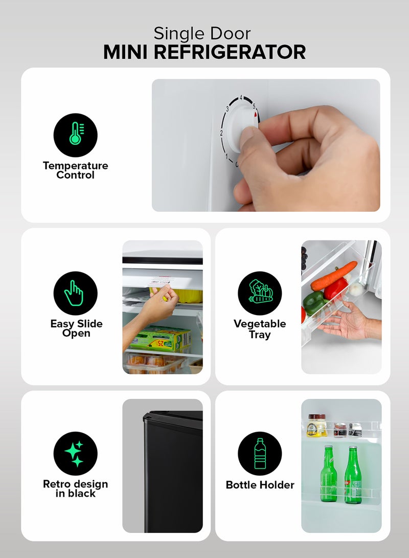 GEEPAS 120L Gross/92L Net Capacity, Single Door Mini Defrost Refrigerator With Retro Premium Design, Bottle Opener, Glass Shelves, Transparent Door Basket, Lock & Key, Low Noise, Low Voltage, Adjustable Front Wheel 120 L GRF1212BXE Black  - Image 3