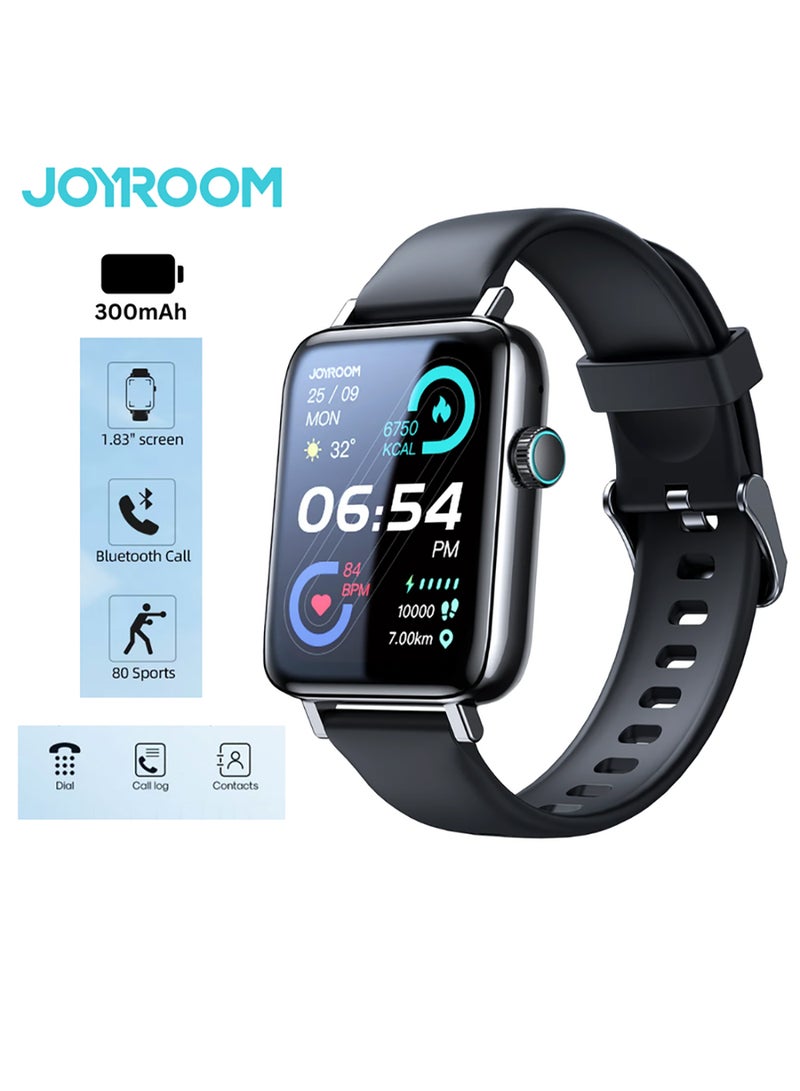 JOYROOM - 300mAh JR-FT5 Fit-Life Smart Watch Can Make and Answer Calls 1.83-inch HD Screen 80 Sports Modes Fitness Monitor Health Monitor Monitor Blood Oxygen Blood Pressure Heart Rate Pressure Sleep Monitoring Message Reminder Smart Watch Suitable for Men Women Smart Watch Compatible with Apple Android Phone Black - Image 1