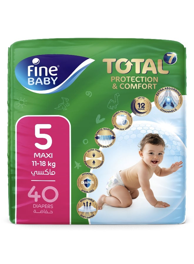Fine Baby Total 7 Diapers, Size 5 Maxi (12 kg+), 40 Count – Soft, Absorbent & Leak Proof Baby Diapers - Image 1