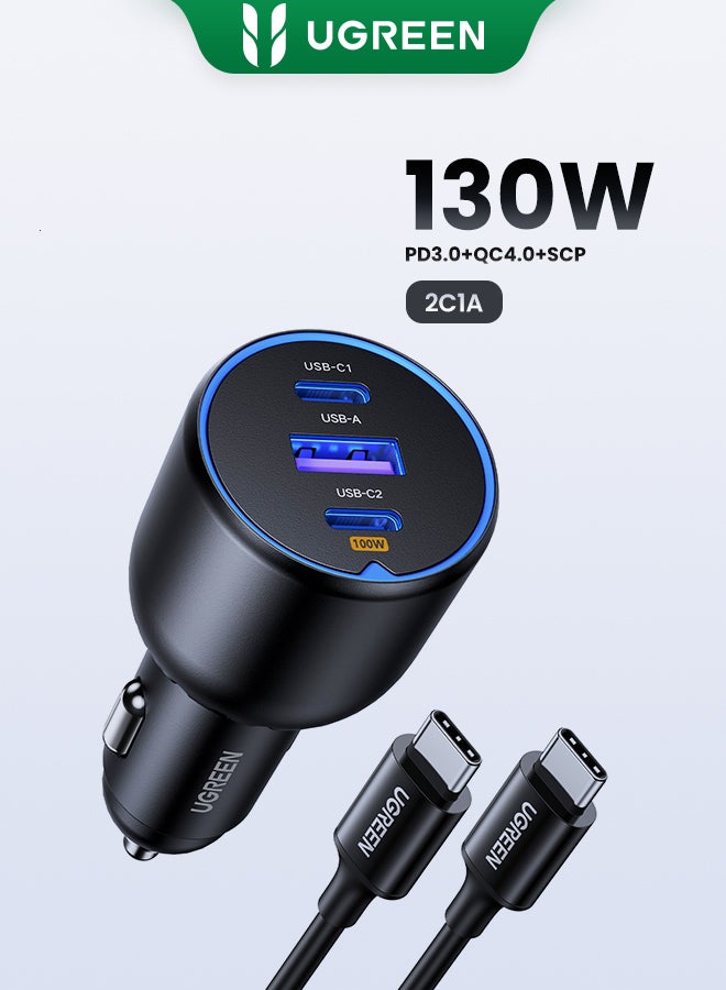 يو جرين - شاحن سيارة فائق السرعة 130 واط مع محول طاقة ب3 منافذ USB، وكيبل USB C 100 واط، وقابس للشحن السريع، للماك بوك ولابتوب وايباد وتابلت وايفون 15 برو ماكس/15 برو/ وسامسونج وهواوي وشاومي وون بلس وغيرها أسود - Image 1