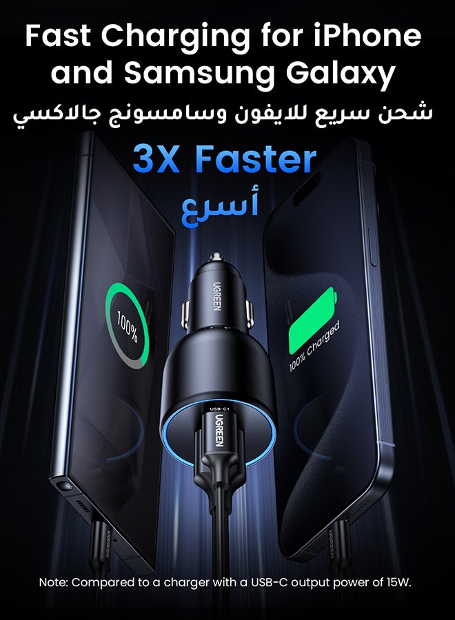 يو جرين - شاحن سيارة فائق السرعة 130 واط مع محول طاقة ب3 منافذ USB، وكيبل USB C 100 واط، وقابس للشحن السريع، للماك بوك ولابتوب وايباد وتابلت وايفون 15 برو ماكس/15 برو/ وسامسونج وهواوي وشاومي وون بلس وغيرها أسود - Image 1