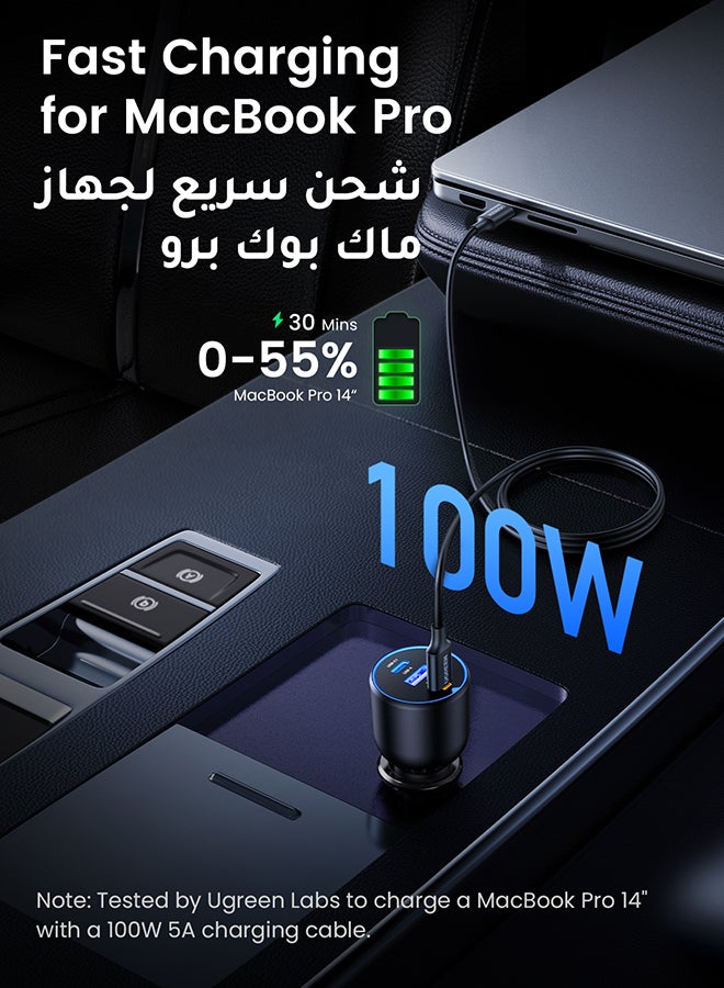 يو جرين - شاحن سيارة فائق السرعة 130 واط مع محول طاقة ب3 منافذ USB، وكيبل USB C 100 واط، وقابس للشحن السريع، للماك بوك ولابتوب وايباد وتابلت وايفون 15 برو ماكس/15 برو/ وسامسونج وهواوي وشاومي وون بلس وغيرها أسود - Image 1