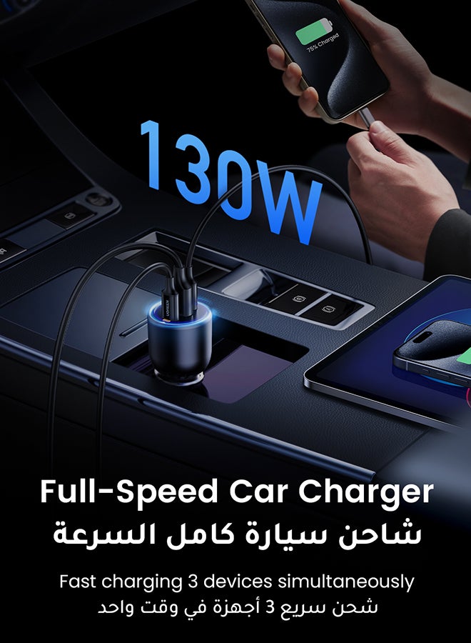 يو جرين - شاحن سيارة فائق السرعة 130 واط مع محول طاقة ب3 منافذ USB، وكيبل USB C 100 واط، وقابس للشحن السريع، للماك بوك ولابتوب وايباد وتابلت وايفون 15 برو ماكس/15 برو/ وسامسونج وهواوي وشاومي وون بلس وغيرها أسود - Image 1
