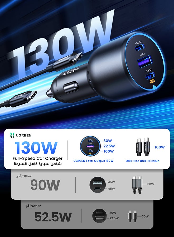 يو جرين - شاحن سيارة فائق السرعة 130 واط مع محول طاقة ب3 منافذ USB، وكيبل USB C 100 واط، وقابس للشحن السريع، للماك بوك ولابتوب وايباد وتابلت وايفون 15 برو ماكس/15 برو/ وسامسونج وهواوي وشاومي وون بلس وغيرها أسود - Image 1