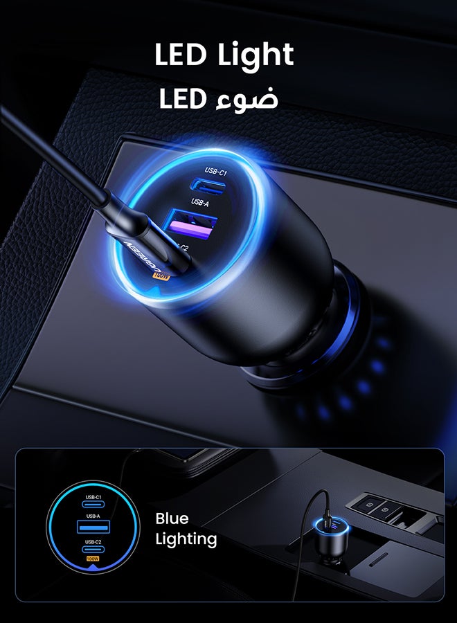 يو جرين - شاحن سيارة فائق السرعة 130 واط مع محول طاقة ب3 منافذ USB، وكيبل USB C 100 واط، وقابس للشحن السريع، للماك بوك ولابتوب وايباد وتابلت وايفون 15 برو ماكس/15 برو/ وسامسونج وهواوي وشاومي وون بلس وغيرها أسود - Image 1