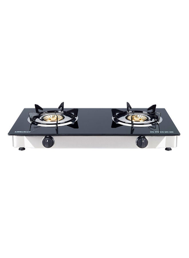 Nobel Gas Stove with Dual Gas Burner, 1 x 90mm Single Burner (3,0kW ) + 1 x 90mm Double Burner (3,5kW) with Glass Black Brass Glass Top Auto Ignition Double Burner NGT2111 Black  - Image 1