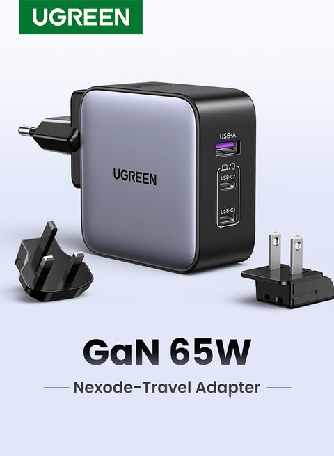 Nexode GaN 65W USB C Charger International Travel Charger Plug 3 Port Fast Wall Charger Head US UK EU Plug Laptop Charger For MacBook HP Dell Lenovo New iPhone 16 15 iPad Galaxy S24 Ultra NS Black