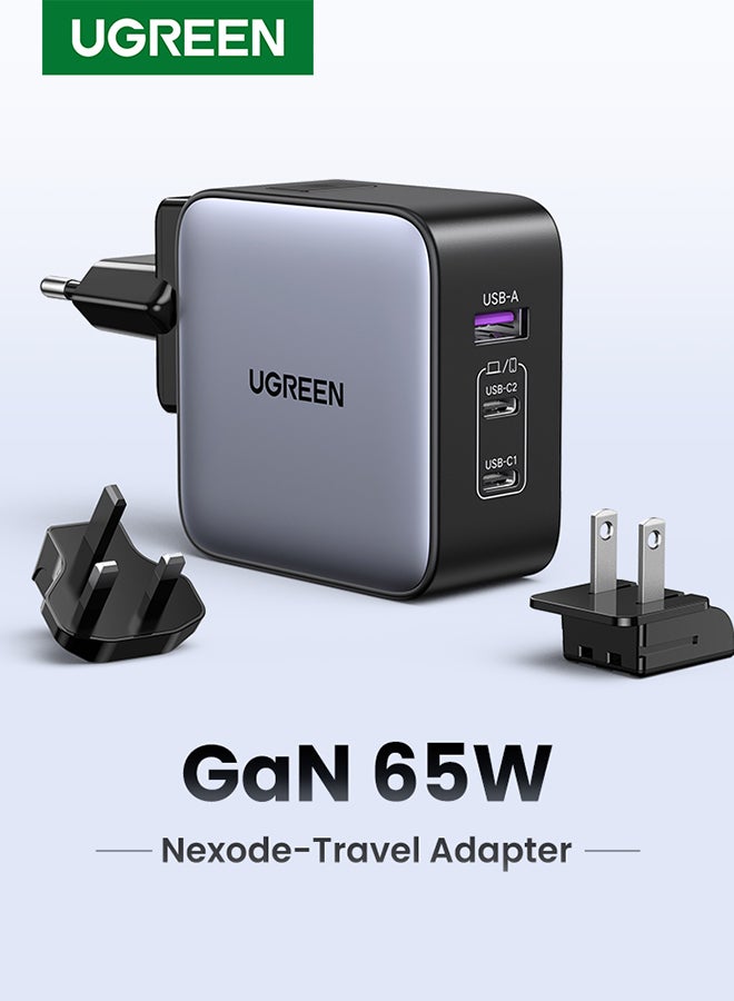 Ugreen - Nexode GaN 65W USB C Charger International Travel Charger Plug 3 Port Fast Wall Charger Head US UK EU Plug Laptop Charger For MacBook HP Dell Lenovo New iPhone 16 15 iPad Galaxy S24 Ultra NS Black - Image 1