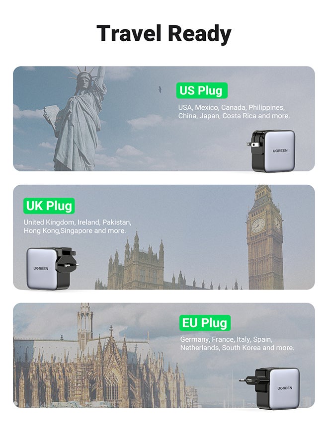 Ugreen - Nexode GaN 65W USB C Charger International Travel Charger Plug 3 Port Fast Wall Charger Head US UK EU Plug Laptop Charger For MacBook HP Dell Lenovo New iPhone 16 15 iPad Galaxy S24 Ultra NS Black - Image 1