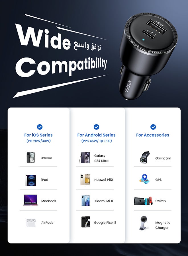 Ugreen - 63W Car Charger Fast Charging iPhone 16 15 Pro Car Power Adapter Dual USB Ports Samsung 45W Fast Car Charger Type C For Galaxy S24 S23 Ultra MacBook Pro Air Xiaomi Apple Watch S10 Airpods 4 Black - Image 1