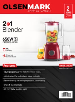 2-In-1 Juicer Blender Chopper Set 1.8 L OMSB2362N, 650W Powerful Motor With 2 Speed Setting And Pulse, Transparent And Unbreakable Jars With Stainless Steel Blade, Grinder Attachment 1.8 L 650 W OMSB2362N Red - pnsku/N53371874A/45/_/1733653986/cef4f966-a3e4-4484-b23b-08a5600fb43e