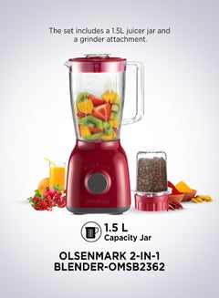 2-In-1 Juicer Blender Chopper Set 1.8 L OMSB2362N, 650W Powerful Motor With 2 Speed Setting And Pulse, Transparent And Unbreakable Jars With Stainless Steel Blade, Grinder Attachment 1.8 L 650 W OMSB2362N Red - pnsku/N53371874A/45/_/1733653987/11251535-5c46-4294-b4a5-12091ef43dc2