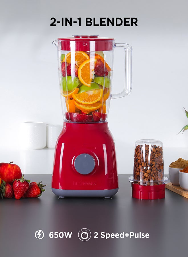 Olsenmark 2-In-1 Juicer Blender Chopper Set 1.8 L OMSB2362N, 650W Powerful Motor With 2 Speed Setting And Pulse, Transparent And Unbreakable Jars With Stainless Steel Blade, Grinder Attachment 1.8 L 650 W OMSB2362N Red - Image 1