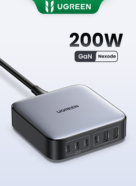شاحن Nexode 200W سريع محول GaN تايب سي 6 في 1 قابس جداري يواس بي محول الطاقة متوافق مع ماك بوك برو / لينوفو / HP / هواوي / ايفون / سامسونج جالاكسي س23 / ون بلس / شاومى / بنك الطاقة والأجهزة الأخرى أسود