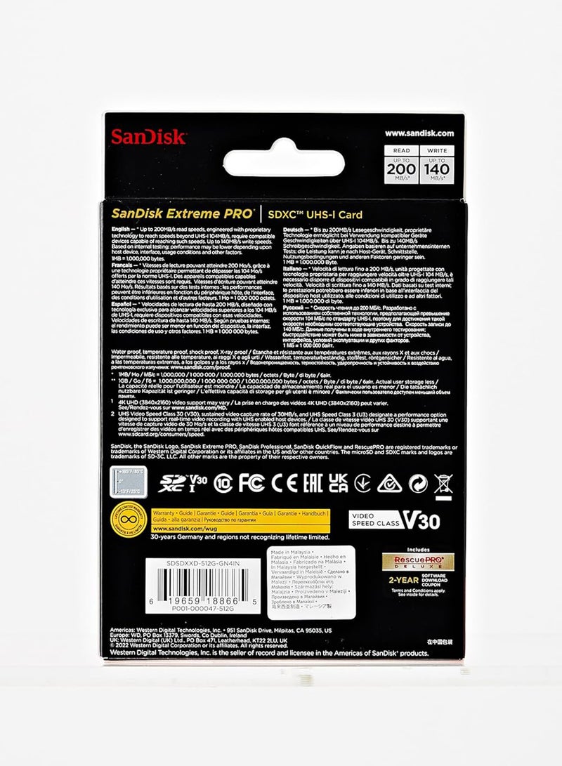 Sandisk - 512 GB Extreme Pro SD UHS I Card for 4K Video for DSLR and Mirrorless Cameras 200MB/s Read & 140MB/s Write, Lifetime Warranty SDSDXXD-512G-GN4IN 512 GB - Image 1