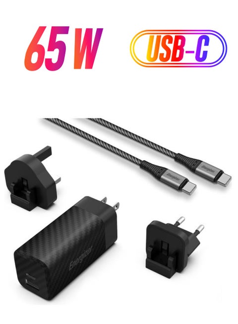 Ultimate 65W GaN USB-C Adapter For Smartphones, Tablets, Laptops And Gaming Consoles, Power Delivery, Type-C To Type-C Cable, USB-A And Type-C Outputs, International Plugs Black