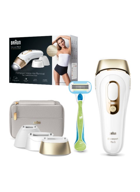 Silk·expert Pro 5, At-Home Laser, IPL Hair Removal Device, Permanent Visible Hair Removal, Gift for Women, PL5257 White/Gold