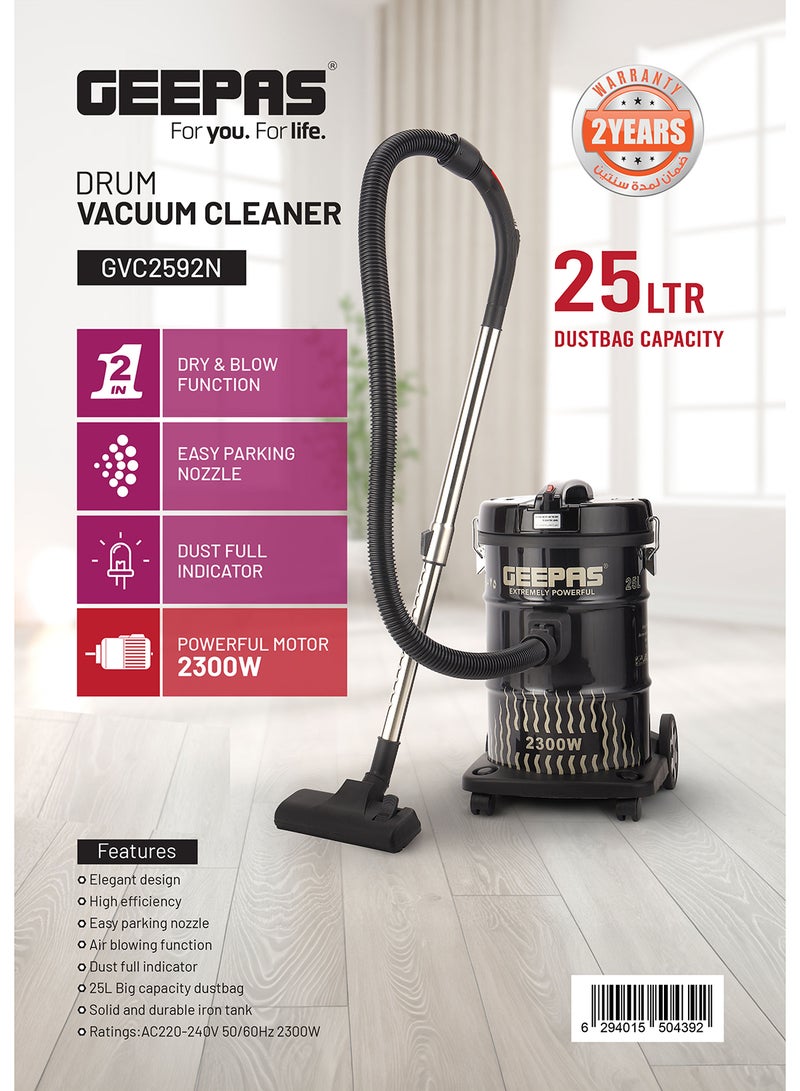 GEEPAS Drum Vacuum Cleaner With 25 L Dust Bag Capacity with Elegant Body, Iron Tank/ Powerful Suction, Dry and Blow Function, Full Indicator/ Perfect for Home, Office, Apartments/ 2 Years Warranty 25 L 2300 W GVC2592N Black  - Image 1