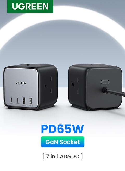 شاحن USB C من Nexode GaN 65 واط، محطة شحن ديجينيست مكعب المتعددة الوظائف 7 في 1 مع قابس شاحن سريع بـ 4 منافذ USB، منفذ طاقة متعدد مع 3 مقابس تيار متردد AC، وكابل تمديد بطول 1.8 متر للمكتب والمنزل وما إلى ذلك. أسود