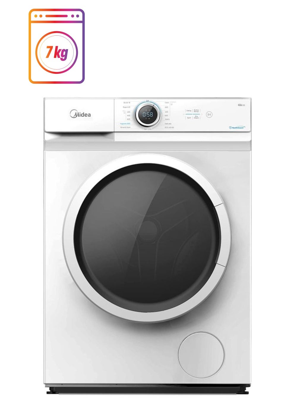 Midea 7KG Front Load Washing Machine with BLDC Inverter Motor, 1400 RPM, 15 Programs, Fully Automatic Washer with Lunar Dial, Integrated Digital Control-LED Display, Multiple Temperature 7 kg MF100W70BW-GCC White 