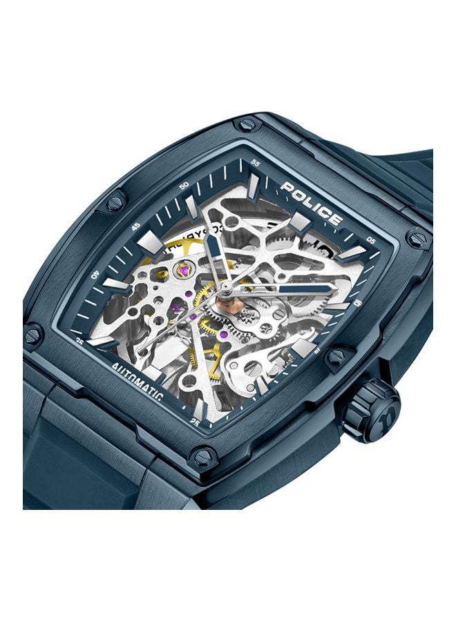 POLICE Men's Skeletor 42mm Automatic Watch with Matte Blue Dial & Navy Silicone Strap - Image 3
