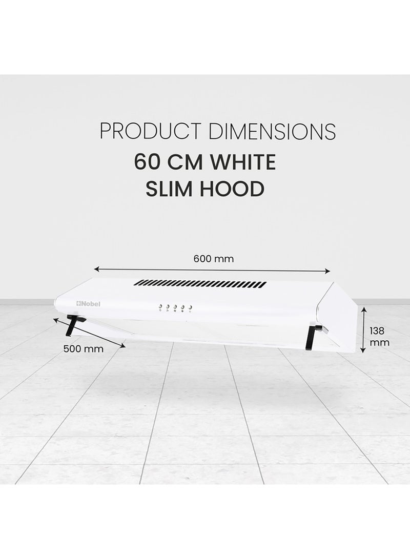60 cm Built-in Hood, Slim Design with White Painting, Push Button, 3 Speeds, 3-Layer Aluminum Filter with Metal Handle, 2x40W Normal Lamp Bulb, Powerful 65W Motor, 220m3/h, Efficient Kitchen Ventilation Solution NCH60W White