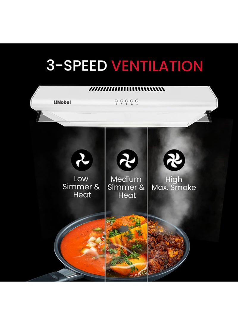 60 cm Built-in Hood, Slim Design with White Painting, Push Button, 3 Speeds, 3-Layer Aluminum Filter with Metal Handle, 2x40W Normal Lamp Bulb, Powerful 65W Motor, 220m3/h, Efficient Kitchen Ventilation Solution NCH60W White