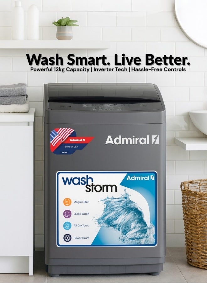 Admiral 12 kg Top‑Load Fully Automatic Washing Machine with Digital LED Display, 6 Basic Wash Programs, Auto‑Power‑Off, Stainless Steel Drum, Child‑Lock & Energy‑Efficient Operation — Sleek Silver Finish-ADTW12XUSCP1 12 kg ADTW12XUSCP1 Silver - Image 1