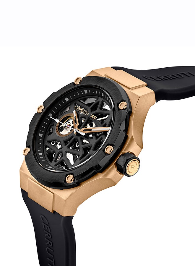 شيروتي 1881 ساعة لوكاردو للرجال 44 مم أوتوماتيكية مع قرص هيكل أسود مطلي بالأيون وحزام سيليكون - Image 1