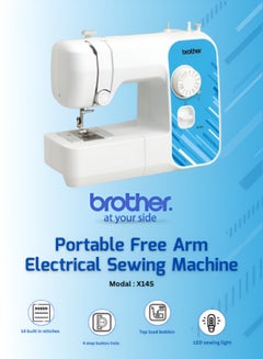 X14S Portable Free Arm Electrical Sewing Machine Featuring 14 built-in stitches and 4-step buttonhole | Brother Sewing Machine with Top-Load Bobbin and LED Sewing Light | Built-in Needle Threader and Instructional DVD Easy to Use for Beginners and  Home Sewing | White/Blue color | Made in Vietnam X14S White