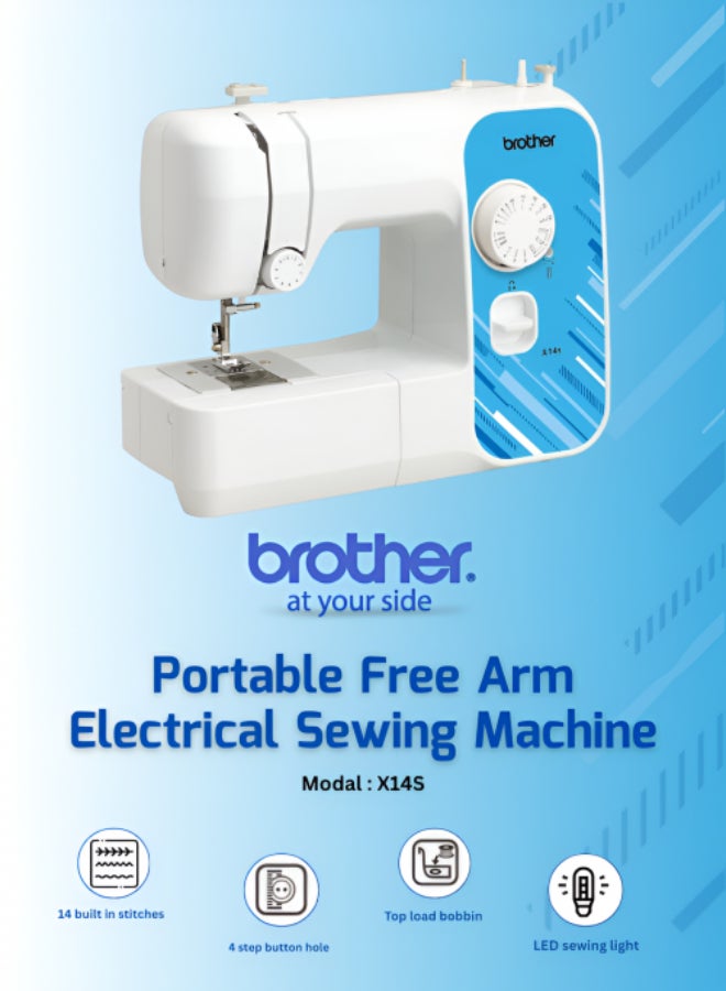 brother - X14S Portable Free Arm Electrical Sewing Machine Featuring 14 built-in stitches and 4-step buttonhole | Brother Sewing Machine with Top-Load Bobbin and LED Sewing Light | Built-in Needle Threader and Instructional DVD Easy to Use for Beginners and  Home Sewing | White/Blue color | Made in Vietnam X14S White - Image 1