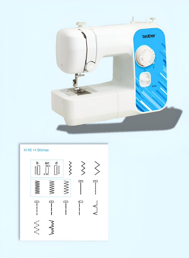 brother - X14S Portable Free Arm Electrical Sewing Machine Featuring 14 built-in stitches and 4-step buttonhole | Brother Sewing Machine with Top-Load Bobbin and LED Sewing Light | Built-in Needle Threader and Instructional DVD Easy to Use for Beginners and  Home Sewing | White/Blue color | Made in Vietnam X14S White - Image 1