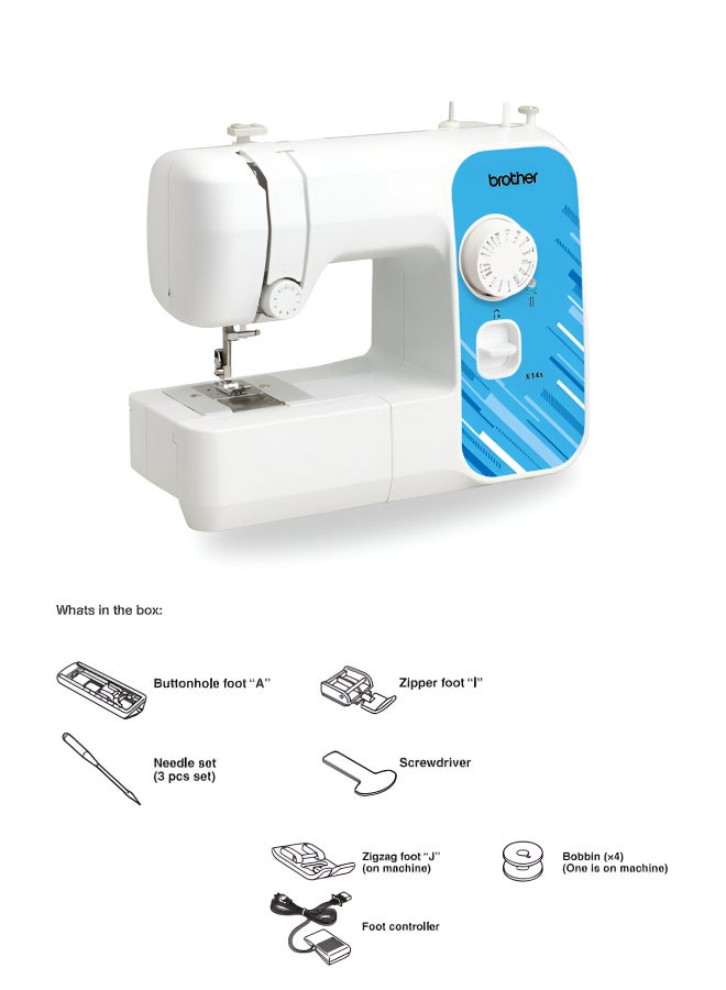 brother - X14S Portable Free Arm Electrical Sewing Machine Featuring 14 built-in stitches and 4-step buttonhole | Brother Sewing Machine with Top-Load Bobbin and LED Sewing Light | Built-in Needle Threader and Instructional DVD Easy to Use for Beginners and  Home Sewing | White/Blue color | Made in Vietnam X14S White - Image 1