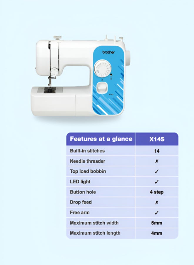 brother - X14S Portable Free Arm Electrical Sewing Machine Featuring 14 built-in stitches and 4-step buttonhole | Brother Sewing Machine with Top-Load Bobbin and LED Sewing Light | Built-in Needle Threader and Instructional DVD Easy to Use for Beginners and  Home Sewing | White/Blue color | Made in Vietnam X14S White - Image 1