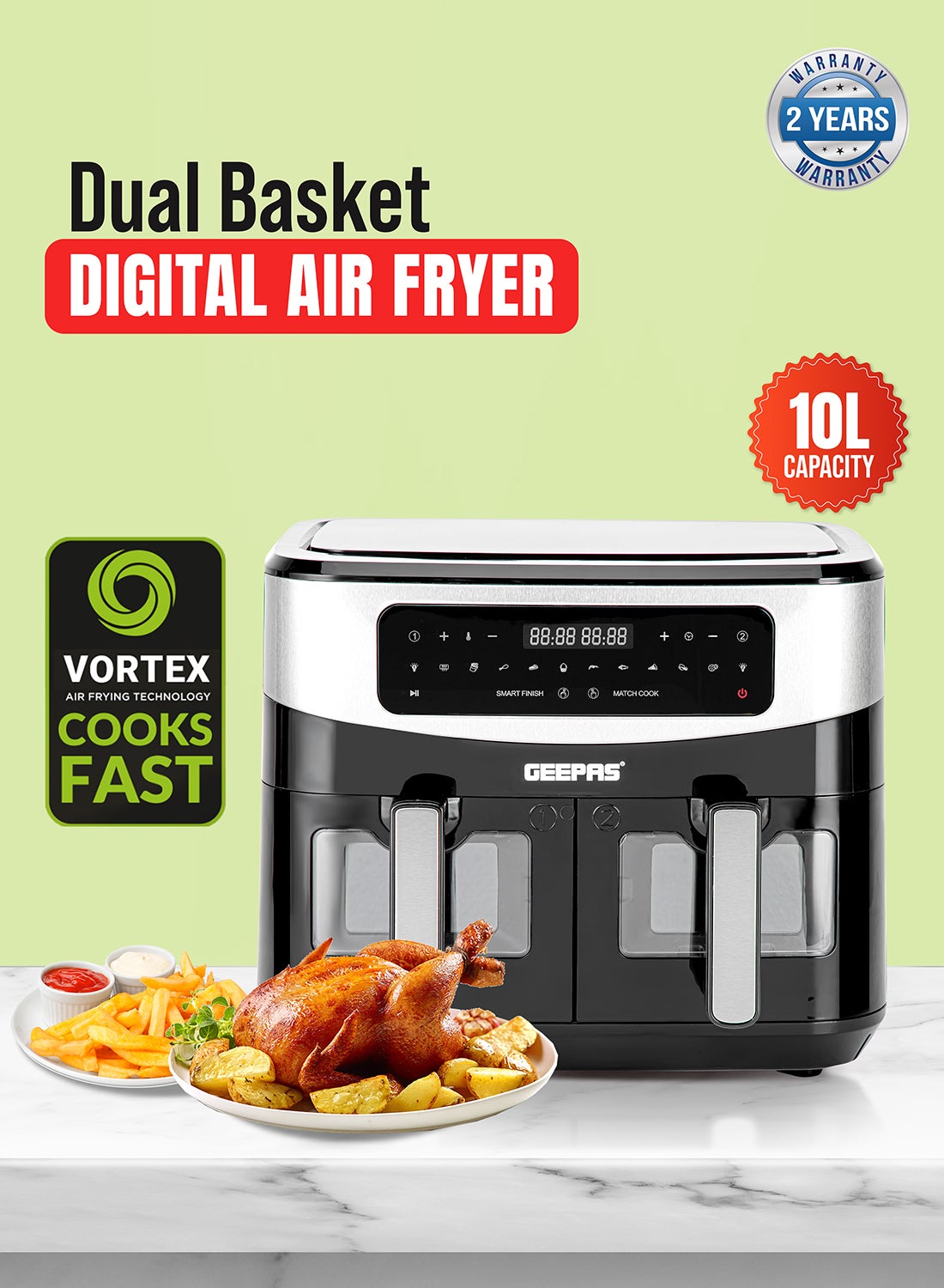 Dual Basket Digital Air Fryer 10 L Equipped With Vortex Air Frying Technology| Oil Free Cooking Led Display With Touch Screen Smart Finish And Match Cook 10 L 2600 W GAF37525 Black