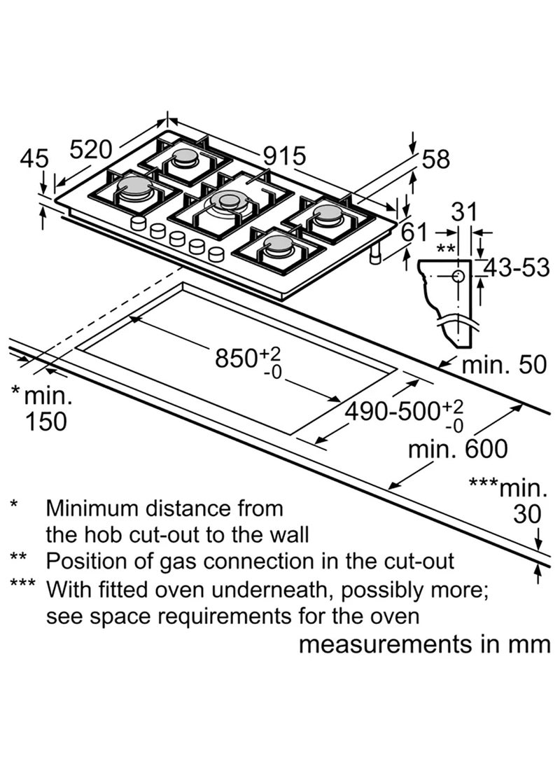 BOSCH - Gas Hob with FlameSelect and Dual Flame Burner, 90 cm, with Precision Heat Control PPQ9B6O90M Black - Image 1