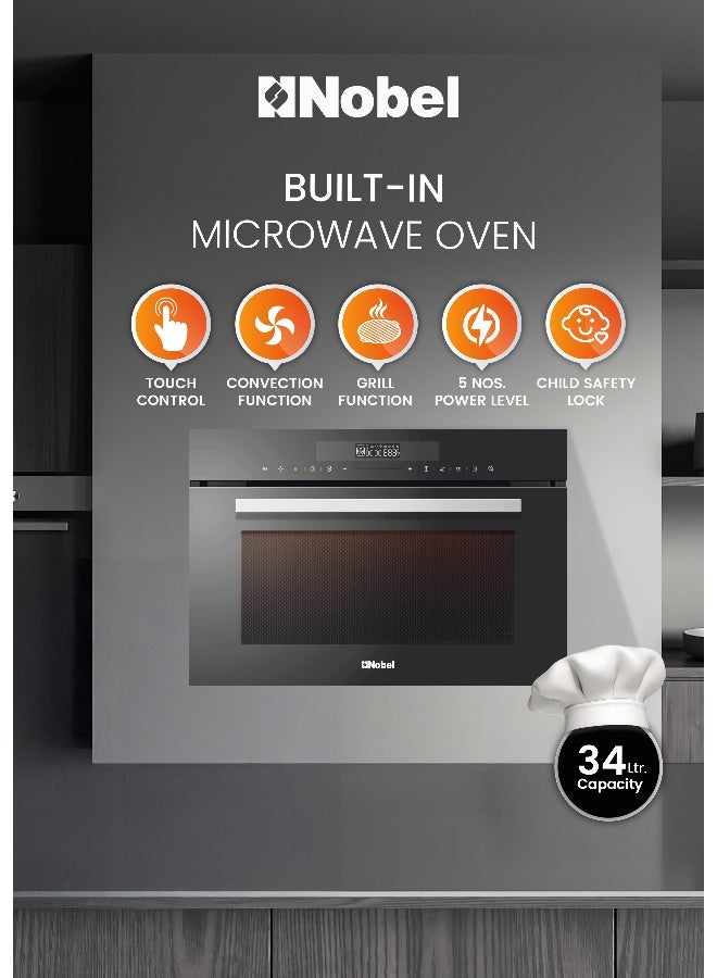 نوبل فرن ميكروويف مدمج سعة 34 لترًا، وجه أسود للتحكم باللمس، تجويف من الفولاذ المقاوم للصدأ، ميكروويف، شواية، حمل حراري، إشارة نهاية وقفل أمان للأطفال، تشغيل سريع خلال 30 ثانية، 10 قوائم تلقائية، 5 مستويات طاقة، شواية 1100 واط وطاقة حمل حراري 2300 واط - Image 1