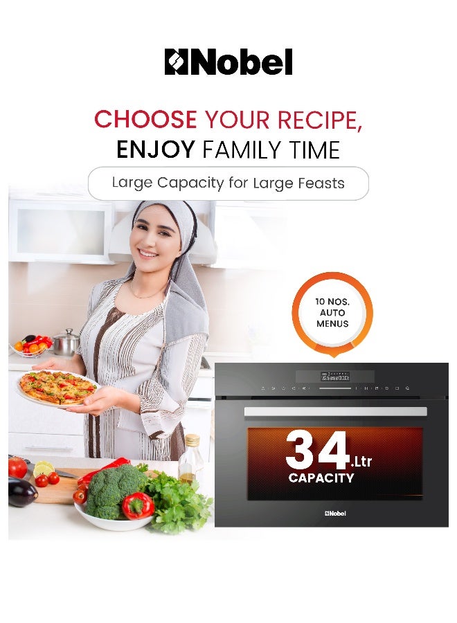 نوبل فرن ميكروويف مدمج سعة 34 لترًا، وجه أسود للتحكم باللمس، تجويف من الفولاذ المقاوم للصدأ، ميكروويف، شواية، حمل حراري، إشارة نهاية وقفل أمان للأطفال، تشغيل سريع خلال 30 ثانية، 10 قوائم تلقائية، 5 مستويات طاقة، شواية 1100 واط وطاقة حمل حراري 2300 واط - Image 4