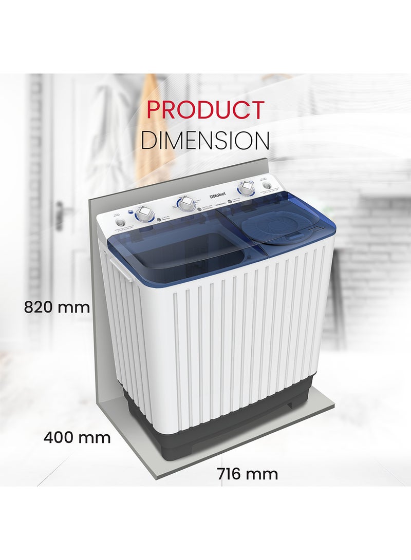 Nobel 6kg Wash / 4.5kg Spin Capacity Twin-Tub Semi-Automatic Washing Machine | With 400W Wash Power, Air Drying, 1300RPM Spin Speed, IPX4 Rating & Transparent Blue Cover – NWM600RH White 6 kg NWM600RH White
