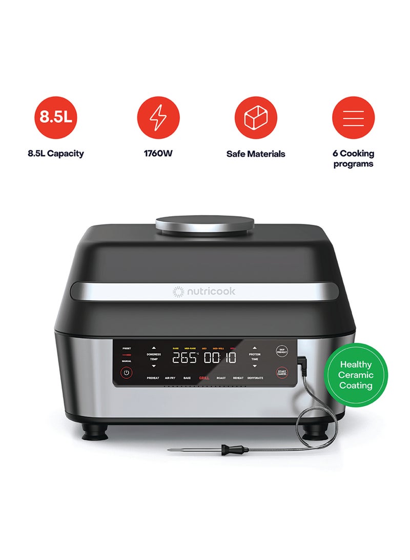 nutricook Smart Air Fryer Grill XL digital 8.5 Liters, with Built in Thermometer, Grill, Air Fry, Roast, Bake, Dehydrate & Reheat, 2 Years limited Warranty 8.5 L 1760 W NC-AFG960 Black/ Silver - Image 1